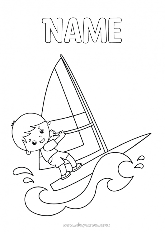 Coloring page to print Sport Boy Summer Sailboard, windsurf Nautical sports