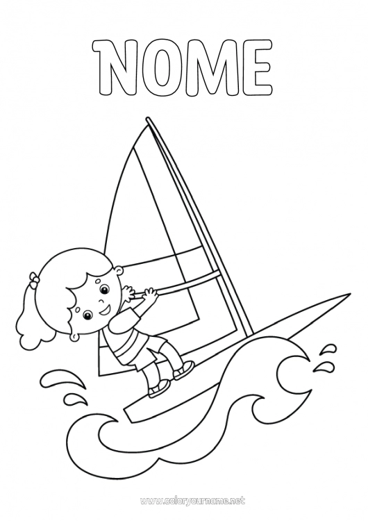 Página de desenho para imprimir Esporte Menina Verão Windsurf Sports nautiques