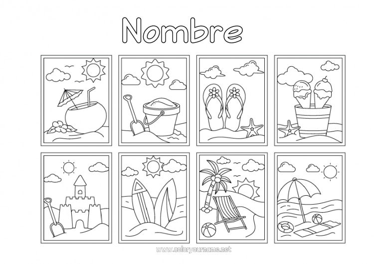 Dibujo para colorear para imprimir Vacaciones Verano Actividades para niños Golosinas Helado Simbolos Chanclas Dibujos fáciles para colorear Surf Hamaca Castillo de arena Parasol, sombrilla de playa Cócteles Tumbona Cubo de playa Juegos y juguetes Deportes náuticos