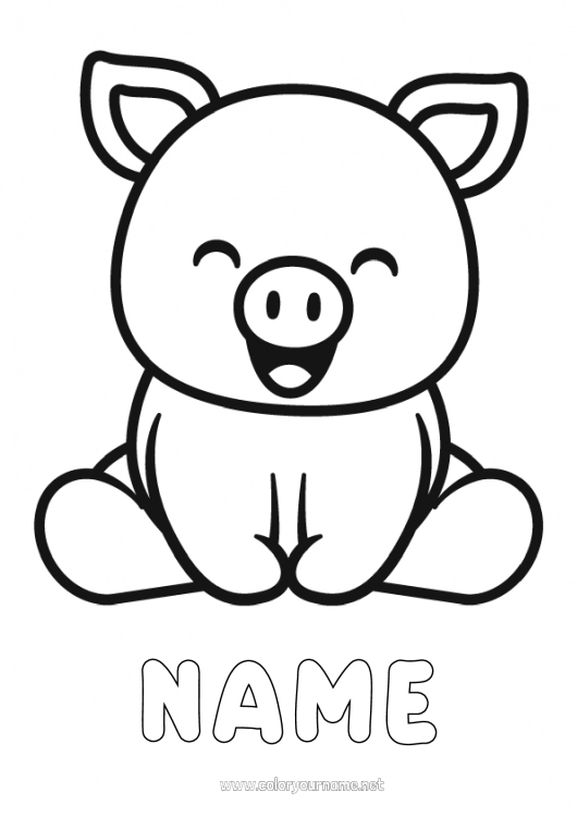 Coloring page to print Kawaii Pig Animal Easy coloring pages Farm animals