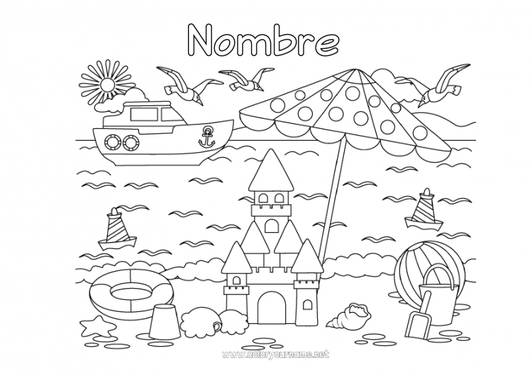 Dibujo para colorear para imprimir Verano Mar Barco Simbolos Castillo de arena Parasol, sombrilla de playa Boya Balón de playa Cubo de playa Juegos y juguetes Vehículos marítimos