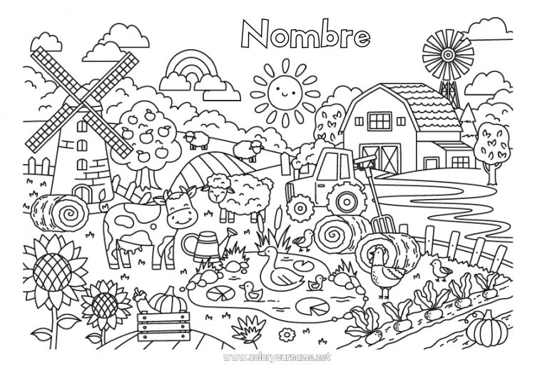 Dibujo para colorear para imprimir Ovejas Gallina Animales Vaca Tractor Vehículos agrícolas Granja Dibujos complejos para colorear Animales de granja Agricultor Molino Oficios de la Granja