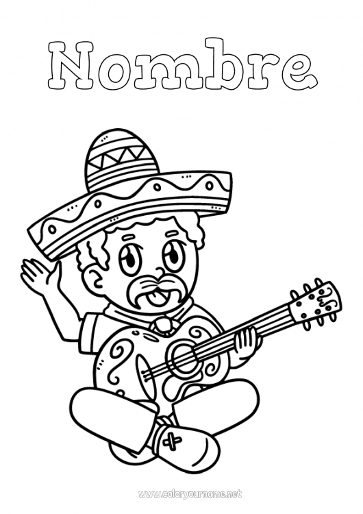 Dibujo para colorear para imprimir Música Sombrero México Cinco de Mayo Día Mundial de la Música Guitarra Instrumentos de música Sombrero