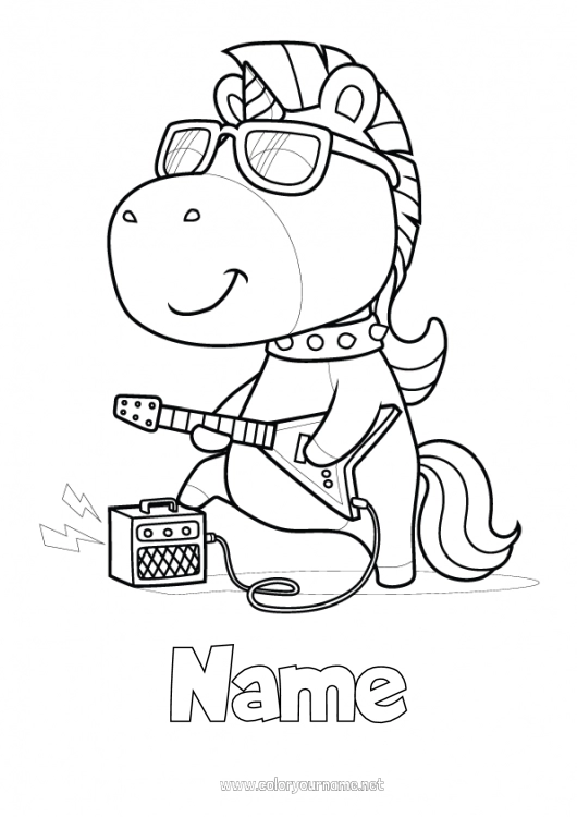 Coloring page to print Unicorn Animal Music Dragons, unicorns and fantastic animals World Music Day Guitar Musical instruments