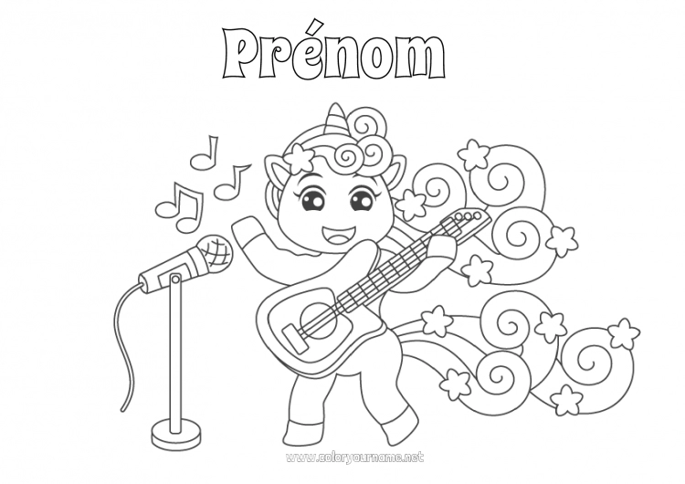 Coloriage à imprimer Licorne Animal Musique Dragons, licornes et animaux fantastiques Fête de la musique Guitare Instruments de musique