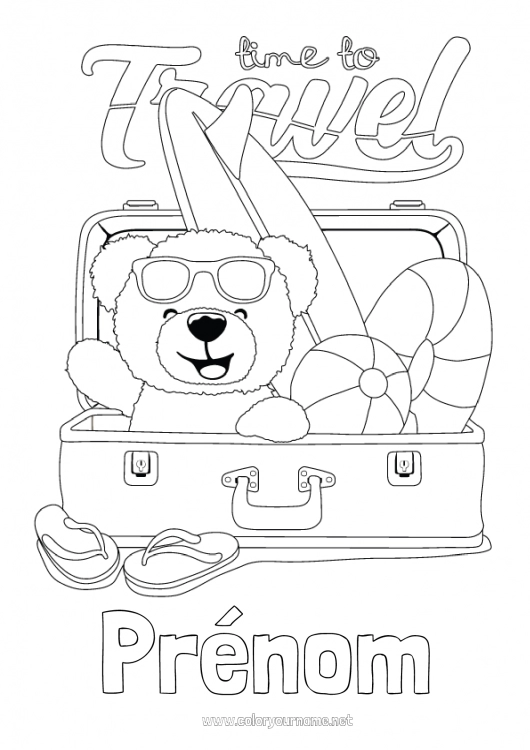 Coloriage à imprimer Ourson Tong Surf Animaux de la forêt Bouée Ballon de plage Jeux et jouets Valises et bagages Sports nautiques