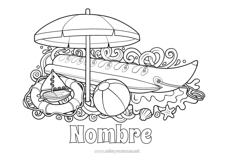 Dibujo para colorear para imprimir Mar Dibujos complejos para colorear Parasol, sombrilla de playa Boya Balón de playa Juegos y juguetes Deportes náuticos