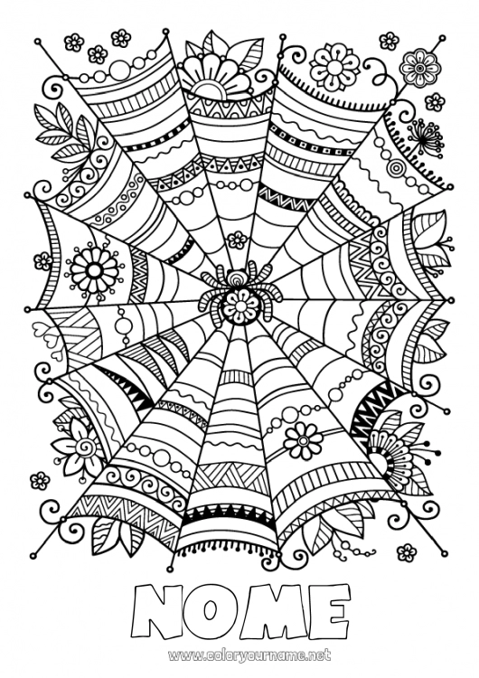 Página de desenho para imprimir Aranha Halloween Mandala Família Addams Colorações Complexas Insetos