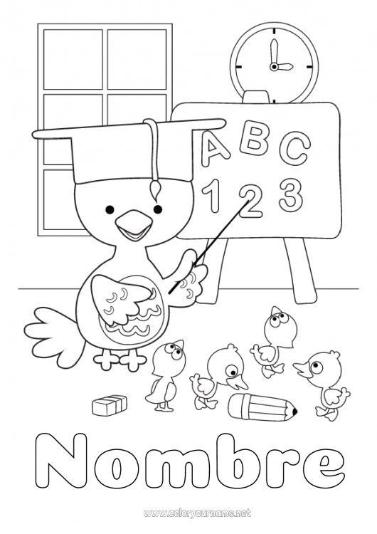 Dibujo para colorear para imprimir Número Pollito Animales Maestra, Maestro Escuela Animales de granja Profesiones de la Educación Pizarra de clase Salón de clases Estudiante Toga de estudiante