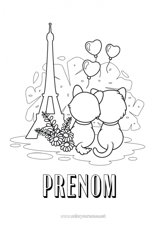 Coloriage à imprimer Coeur Chat Animal France Chiens et chats 14 juillet Tour Eiffel Paris Monument