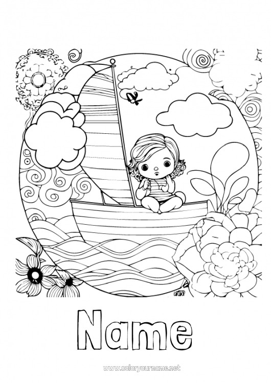 Coloring page to print Girl Summer Vehicles Boat Sailing boat Maritime vehicles