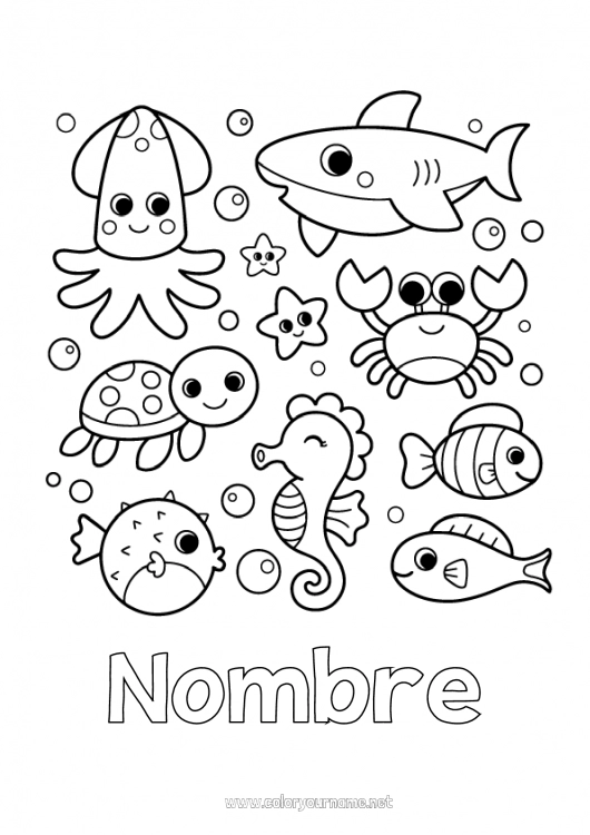 Dibujo para colorear para imprimir Kawaii Tortuga Medusa Mar Animales Pescado Caballo de mar Cangrejo Conchas marinas Tiburón Estrella de mar Animales marinos o acuáticos Reptiles Pulpo