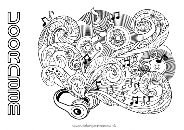 Kleurplaat om af te drukken Muziek Doodle Zentangle Anti-stress Muziekfestival Muziekinstrumenten