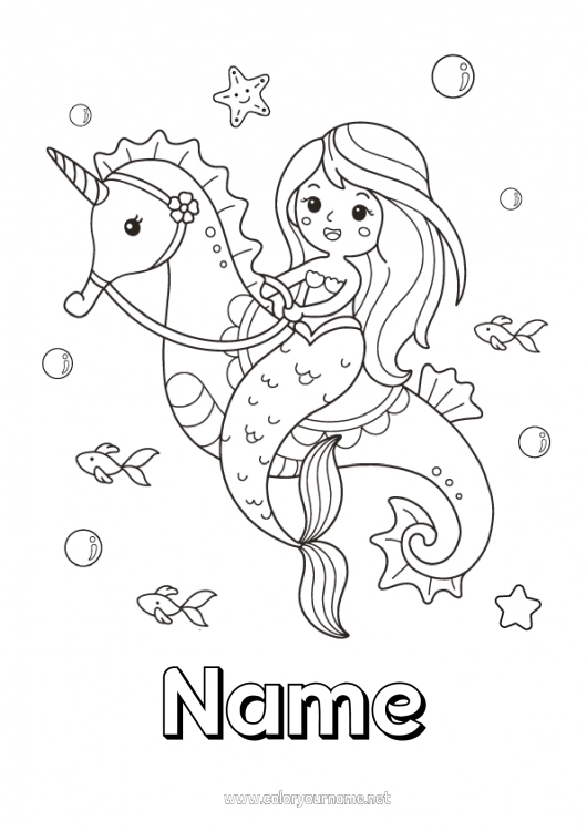 Coloring page to print Cute Kawaii Unicorn Animal Mermaid Seahorse Fairy tale Marine or aquatic animals Dragons, unicorns and fantastic animals