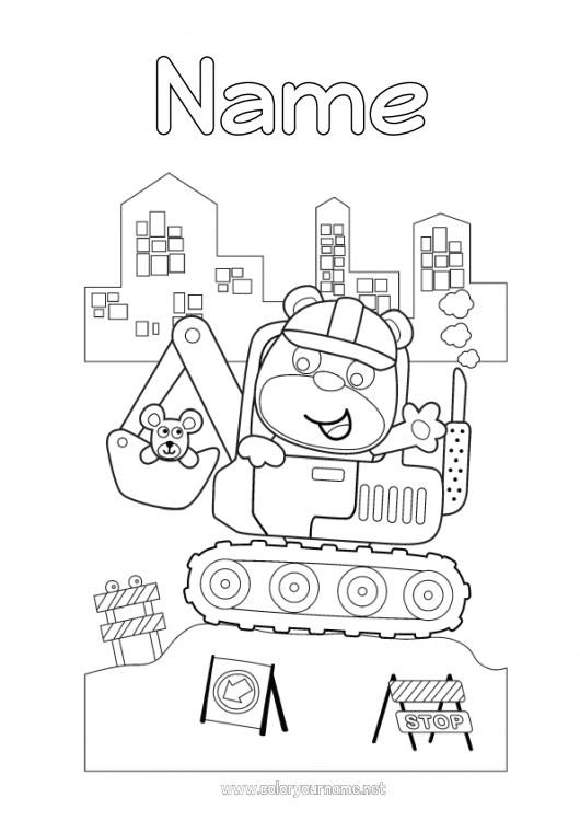 Coloring page to print Bear Mouse Vehicles Animal Teddy Bear Construction machinery Forest animals Job Backhoe loader Construction Jobs