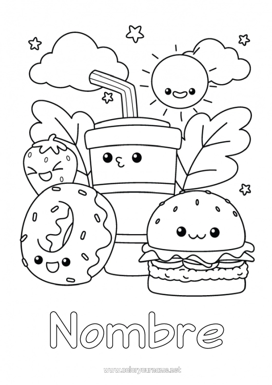 Dibujo para colorear para imprimir Kawaii Donuts Bebidas Soda Dibujos intermedios para colorear Hamburguesa