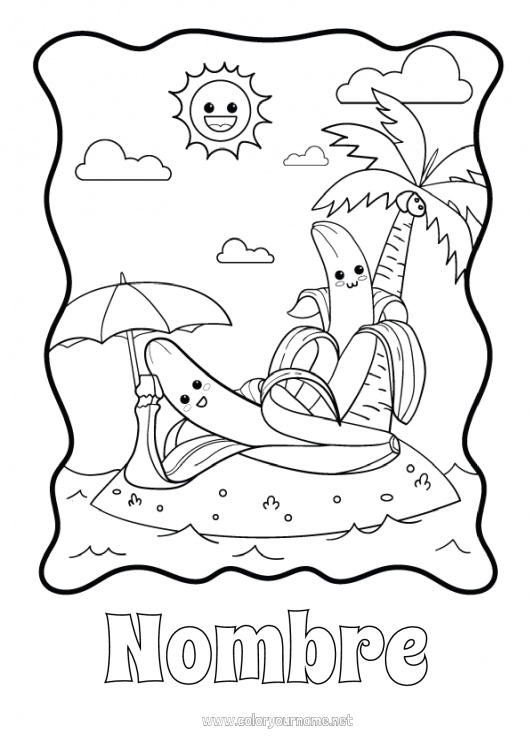 Dibujo para colorear para imprimir Playa Palmera Frutas Parasol, sombrilla de playa Plátano