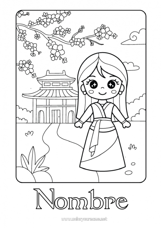 Dibujo para colorear para imprimir Kawaii Princesa Cuento de hadas Dibujo animado Princesa famosa Cerezo Pagoda