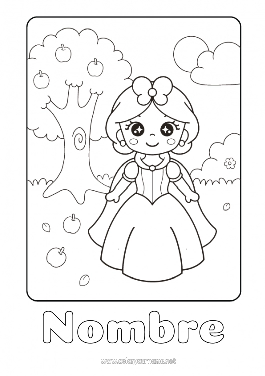 Dibujo para colorear para imprimir Kawaii Princesa Cuento de hadas Frutas Manzana Dibujo animado Princesa famosa