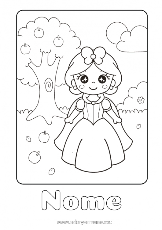 Pagina da colorare da stampare Kawaii Principessa Fiaba Frutta Mela Cartone animato Principessa famosa