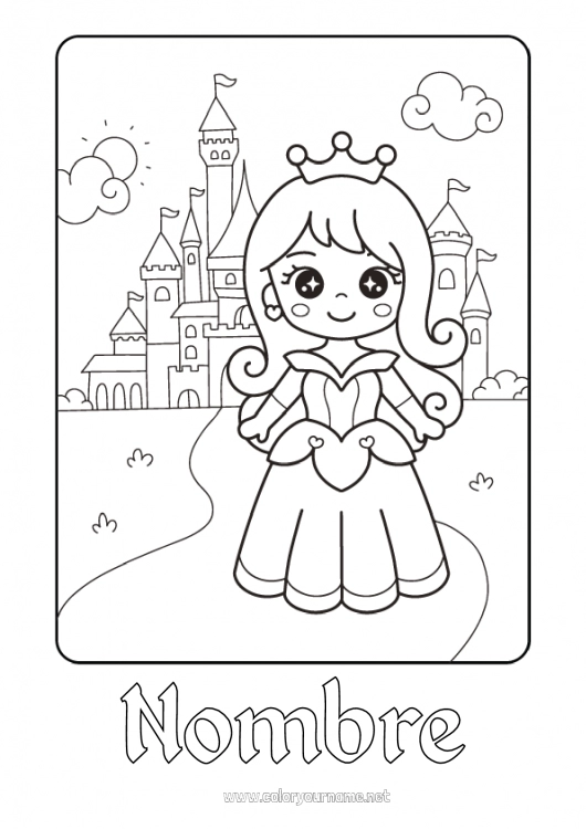 Dibujo para colorear para imprimir Castillo Kawaii Princesa Cuento de hadas Dibujo animado Princesa famosa