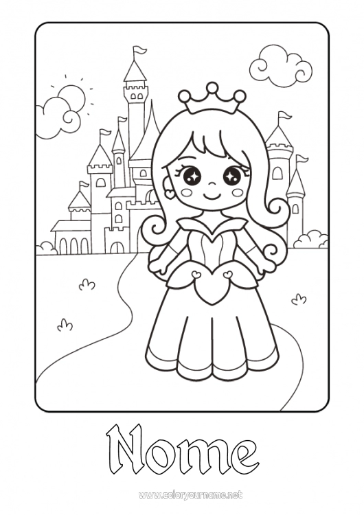 Página de desenho para imprimir Castelo Kawaii Princesa Conto de Fadas Desenho Animado Princesas famosas