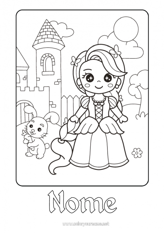 Página de desenho para imprimir Castelo Kawaii Coelho Princesa Conto de Fadas Animais da floresta Desenho Animado Princesas famosas