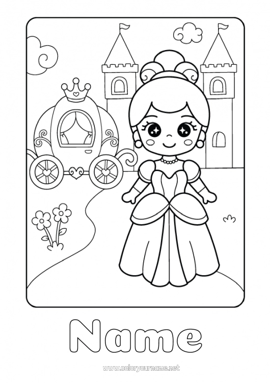 Coloring page to print Pumpkin Castle Kawaii Princess Fairy tale Carriages and coaches Historical or vintage vehicles Animated cartoon Famous princess Cinderella