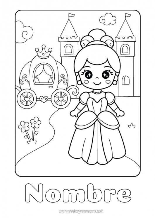 Dibujo para colorear para imprimir Calabaza Castillo Kawaii Princesa Cuento de hadas Carruajes y Coches de caballos Vehículos históricos o vintage Dibujo animado Princesa famosa Cenicienta