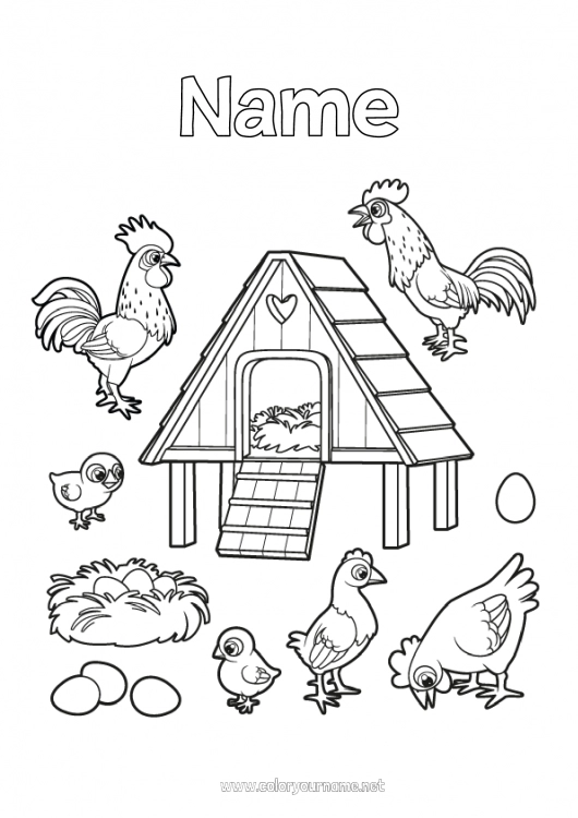 Coloring page to print Hen Chick Animal Rooster Farm animals Egg Farmer Farm Professions