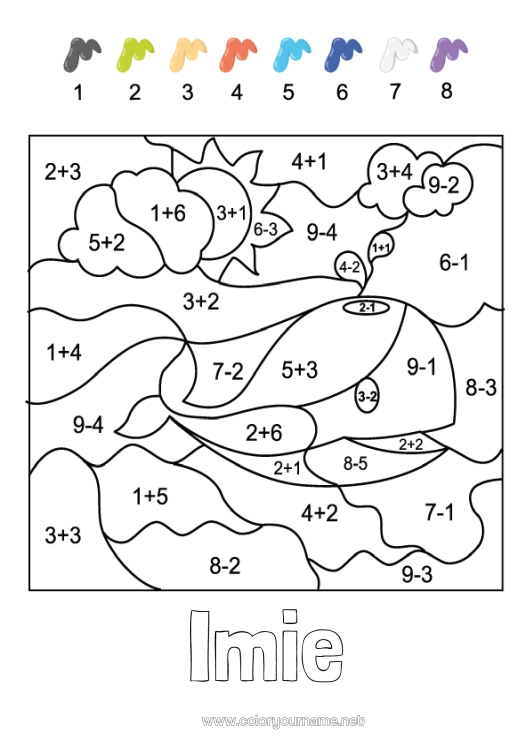 Kolorowanka do wydruku Cyfra Wieloryb Magiczne kolorowanki Aktywności dla dzieci Zwierzę Odejmowanie Dodawania Zwierzęta morskie lub wodne