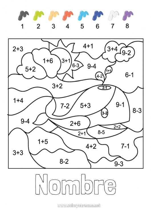 Dibujo para colorear para imprimir Número Ballena Colorear por números Actividades para niños Animales Sustracciones Adiciones Animales marinos o acuáticos