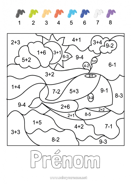 Coloriage à imprimer Chiffre Baleine Coloriages magiques Activités enfants Animal Soustractions Additions Animaux marins ou aquatique