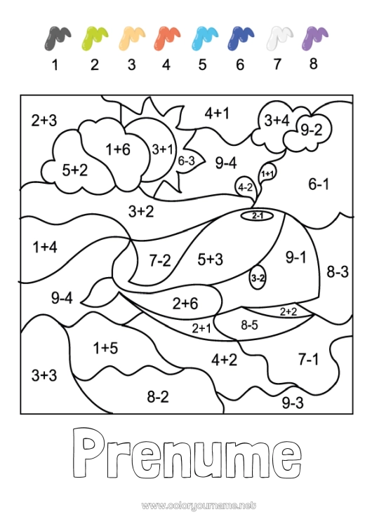 Pagină de colorat de imprimat Număr Balena Desene magice de colorat Activități pentru copii Animal Scăderi Adăugiri Animale marine sau acvatice
