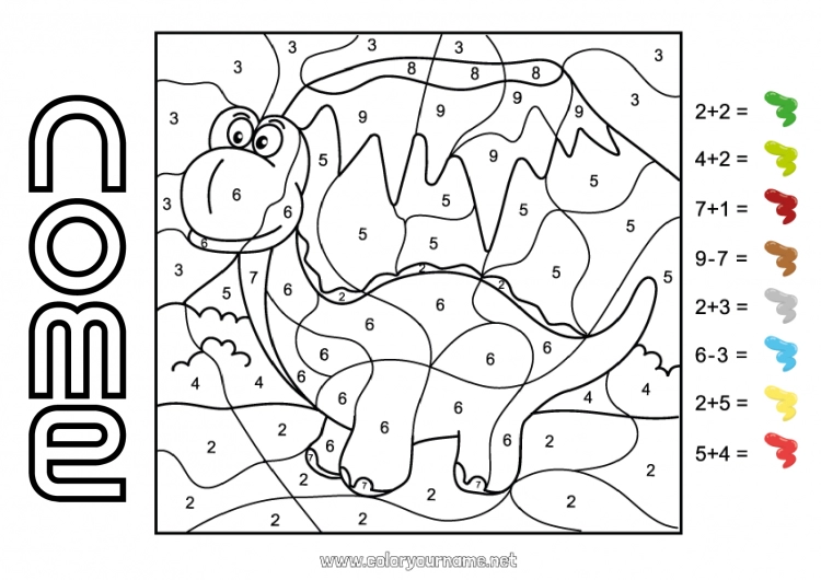 Pagina da colorare da stampare Dinosauri Numero Colorare per numeri Attività per Bambini Animale Sottrazioni Addizioni Diplodoco