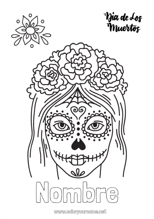 Dibujo para colorear para imprimir Disfraz Calavera Día de los Muertos Catrina