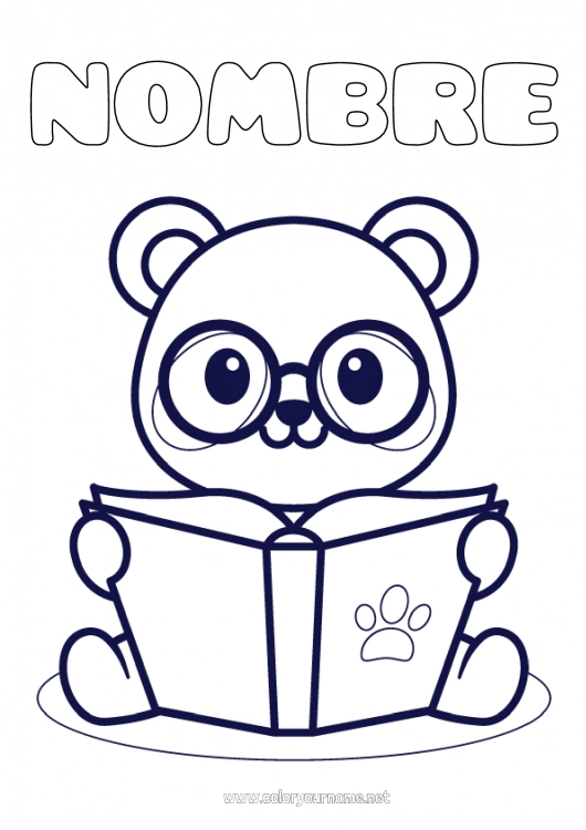 Dibujo para colorear para imprimir Kawaii Animales Panda Dibujos fáciles para colorear Libro Otros animales del mundo Lectura Gafas