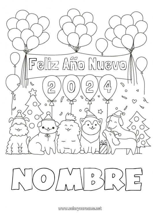 Dibujo para colorear para imprimir Globos Fiesta Perro Feliz año Animales Perros y gatos 2024 Mensaje 