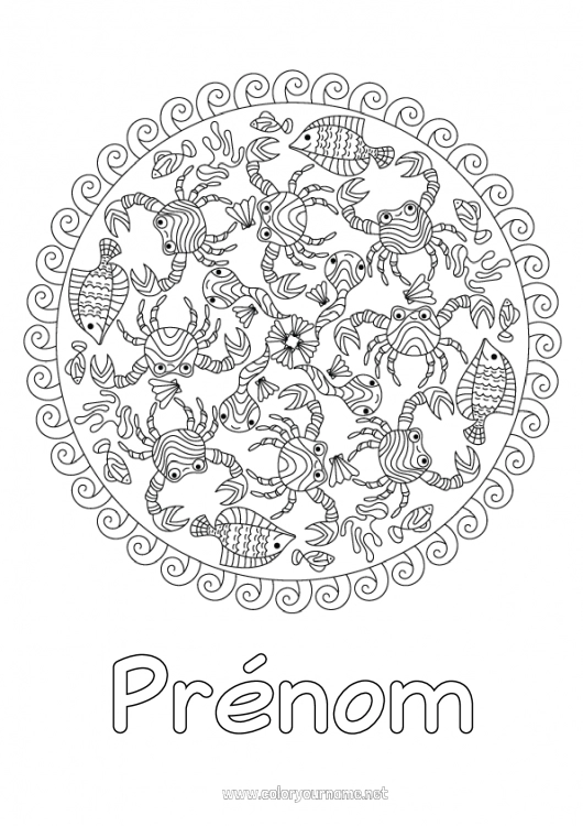 Coloriage à imprimer Mandala Mer Animal Poisson Crabe Coloriages complexes Animaux marins ou aquatique