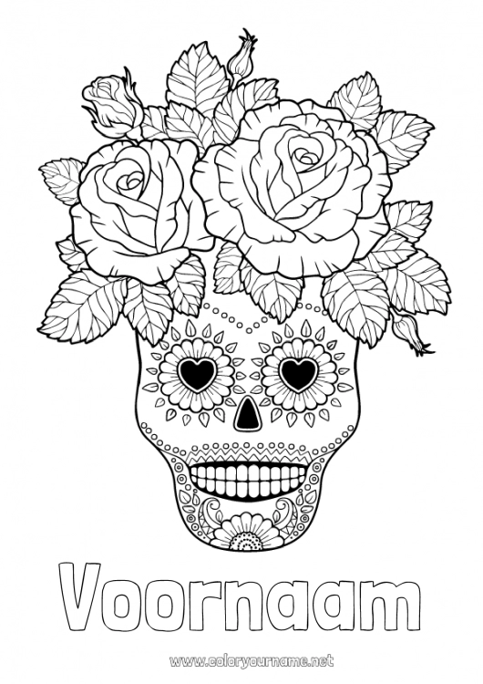 Kleurplaat om af te drukken Bloemen Schedel Dia de los Muertos