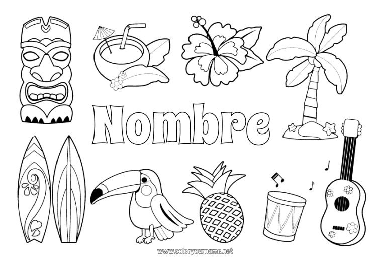 Dibujo para colorear para imprimir Verano Palmera Piña Simbolos Surf Hibisco Cócteles Guitarra Isla Instrumentos de música Deportes náuticos Totem