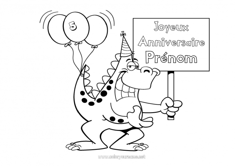 Coloriage à imprimer Monstre Anniversaire Ballons Dragon Joyeux anniversaire (français) Message Age fêté personnalisable Dragons, licornes et animaux fantastiques