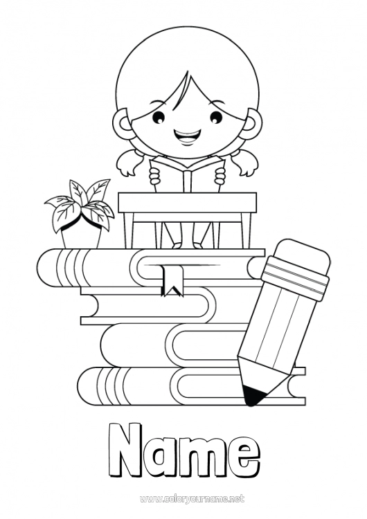 Coloring page to print Girl Book Reading Pencil Student School supplies School desk