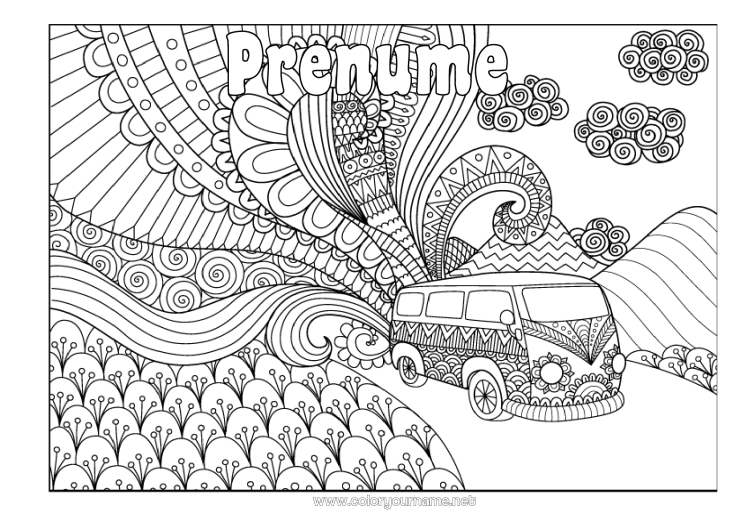 Pagină de colorat de imprimat Vehicule Desene de colorat complexe Zentangle Furgon Mașini, furgonete și autorulote