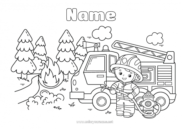 Coloring page to print Fireman firefighter Fire truck Rescue and Emergency Vehicles Security Professions Forest