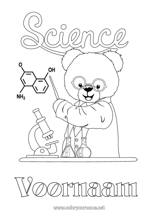 Kleurplaat om af te drukken Beer Knuffelbeer Bosdieren Onderwijsberoepen Wetenschapper Wetenschap Microscoop