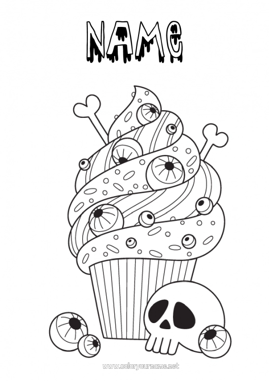 Coloring page to print Cake Halloween Skull Día de los Muertos Treats Cupcake