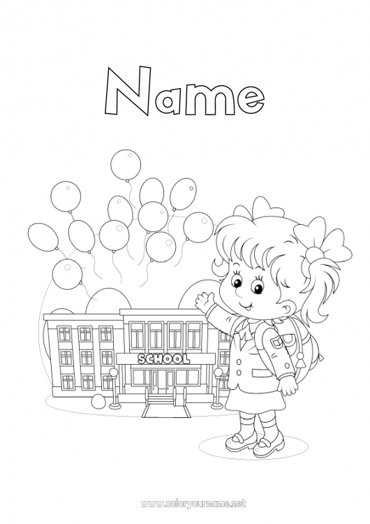 Coloring page to print Balloons Girl School Back to School Student