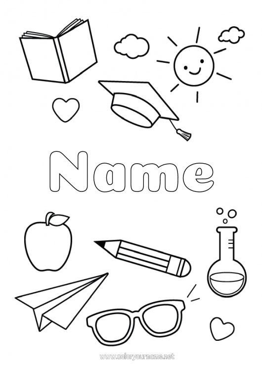 Coloring page to print Fruits Symbols Apple Pencil Glasses Back to School Student cap School supplies