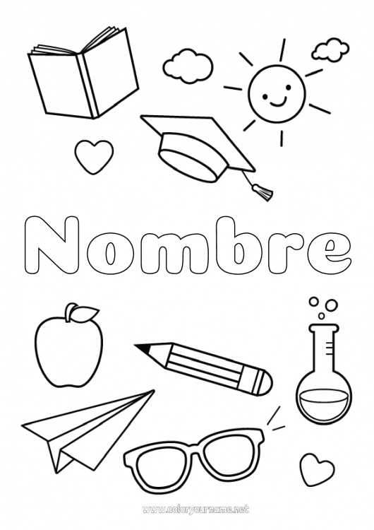 Dibujo para colorear para imprimir Frutas Simbolos Manzana Lápiz Gafas Regreso a clases Toga de estudiante Útiles escolares